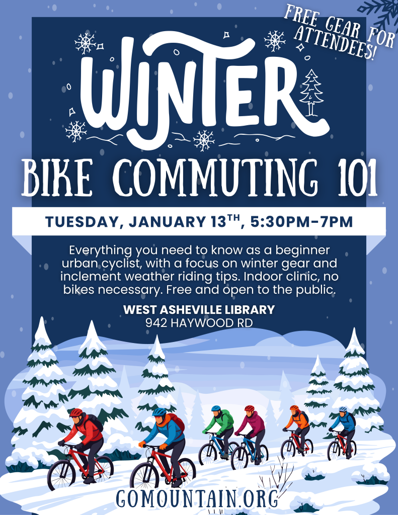 A flyer for Winter Bike Commuting 101, with a graphic depicting cyclists riding in the snow.