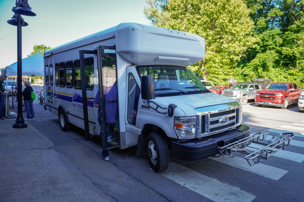 Haywood Public Transit bus parked with the bike rack down.