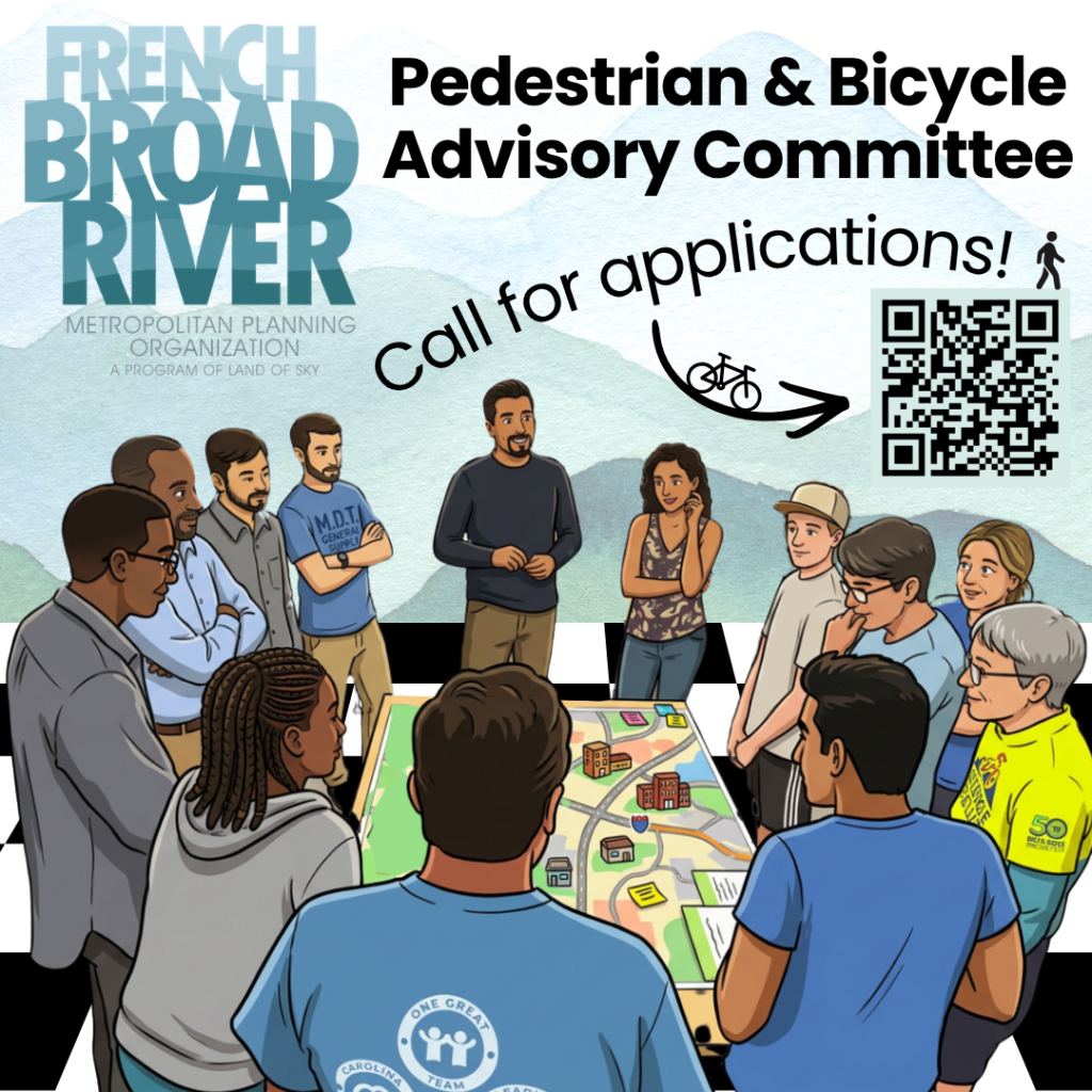 A cartoonized photo of a group of people standing around a map. A logo for the French Broad River MPO and a QR code for the Pedestrian and Bicycle Advisory Committee call for applications.